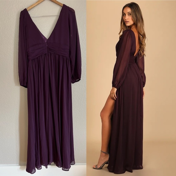 Enchant My Love Dark Purple V-Neck Long Sleeve Maxi Dress - Picture 2 of 6